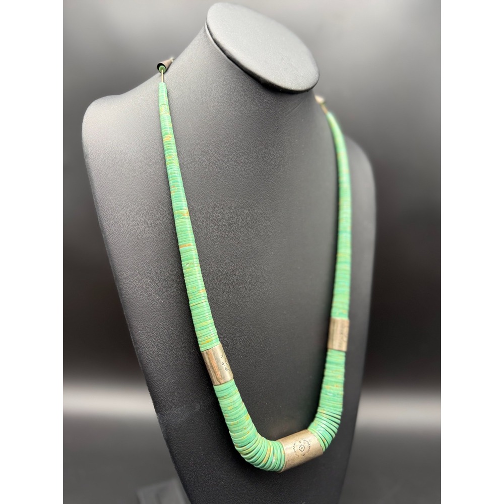Vintage Green‎ Turquoise Heishi Necklace 23" Kewa Santo Domingo Stamped Barrels